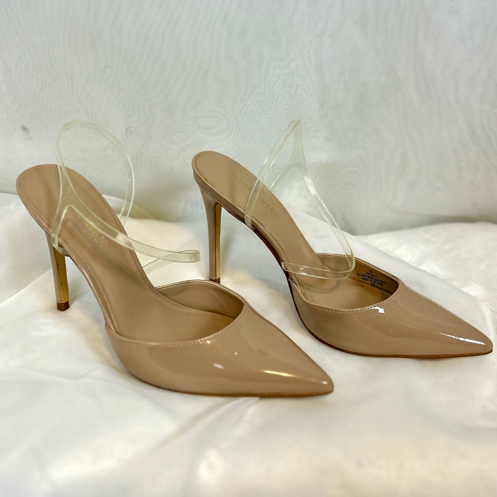 New Nine West Fame 3 Beige Slingback Heels with Clear Strap / Sz 6